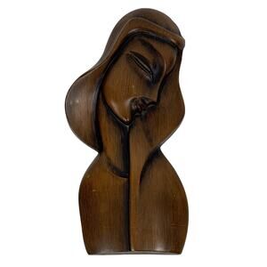 Carved Wood Female Madonna Bust Art Sculpture Wall Hanging Vintage Mid Century